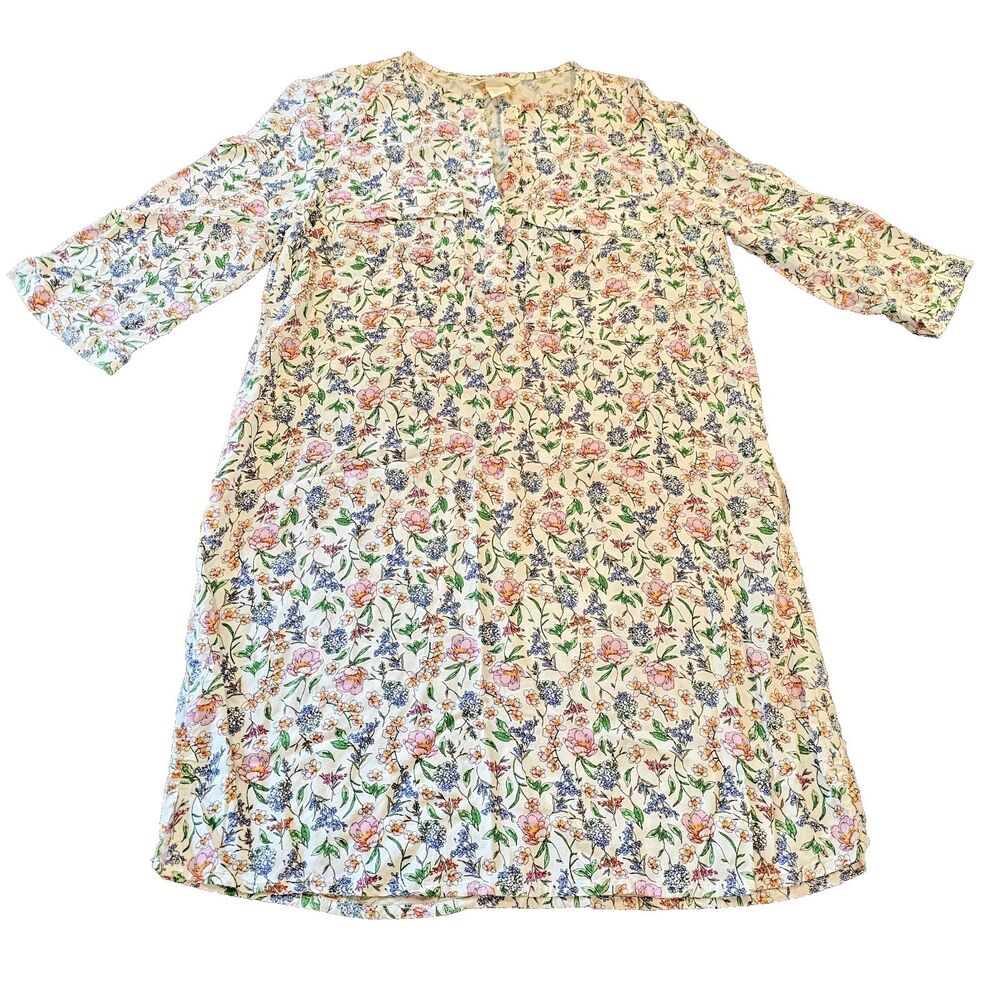 H&M boho floral mini dress size 6 lightweight prarie 3/4 sleeve cotton shift